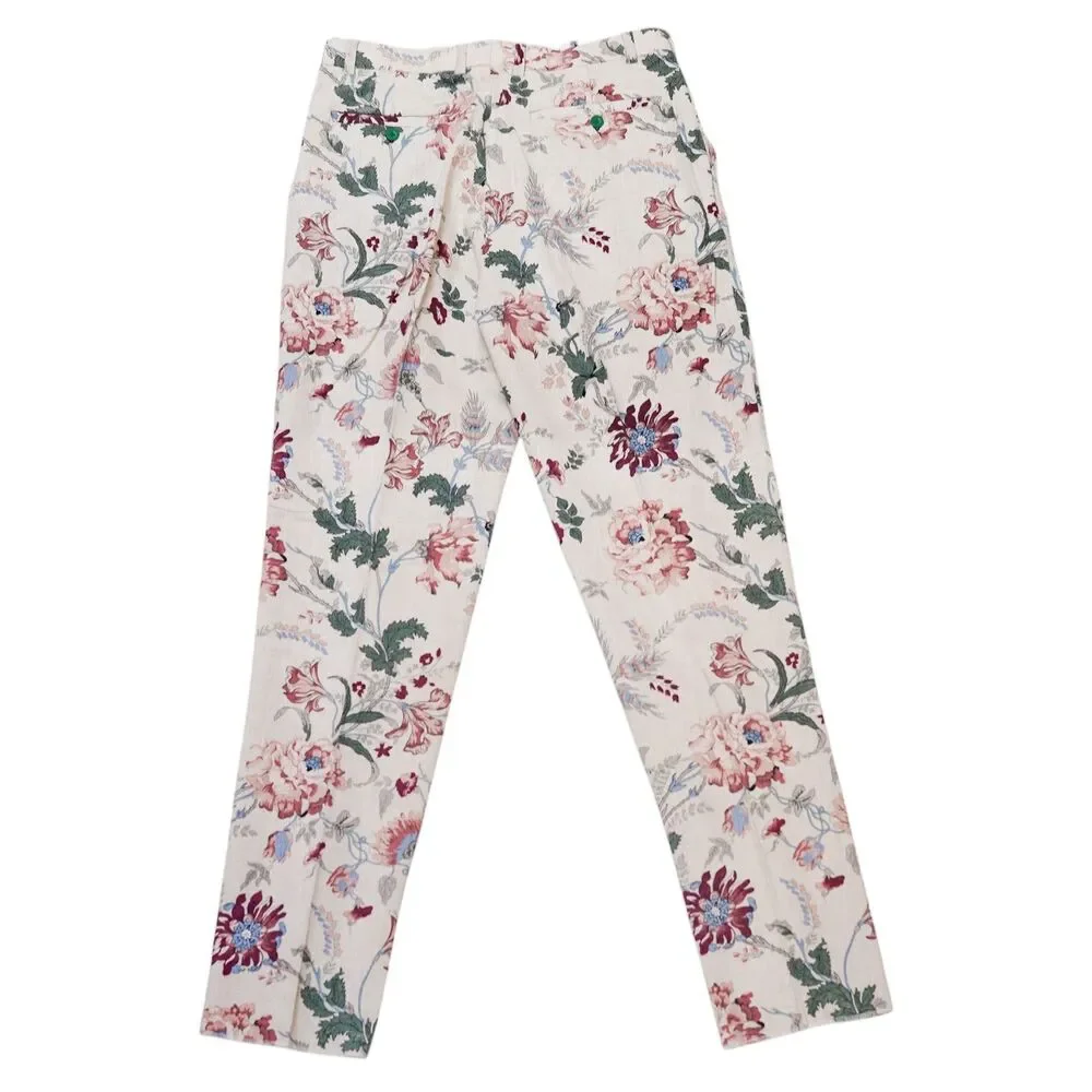 Mens 32 Ivory Floral Print Cotton Pants Straight Fit Flat Front Trousers NWT